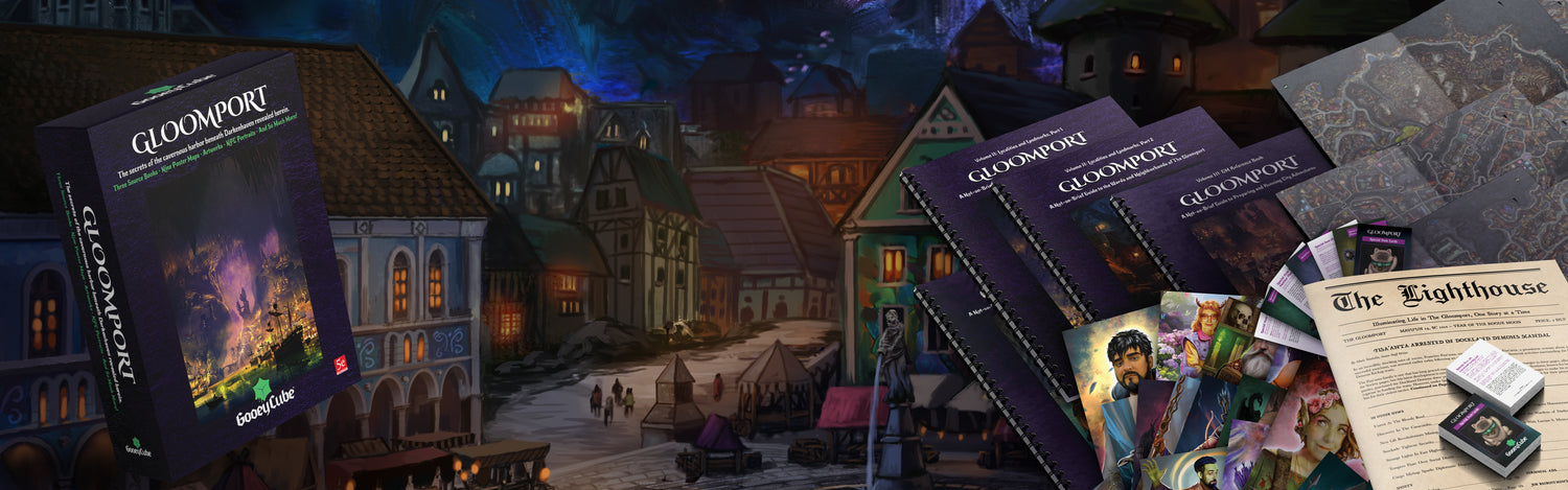Gloomport box set contents including three source books, poster maps, NPC portrait cards, item cards, and The Lighthouse newspaper prop, displayed against a painted illustration of the undercity docks beneath Darkenhaven